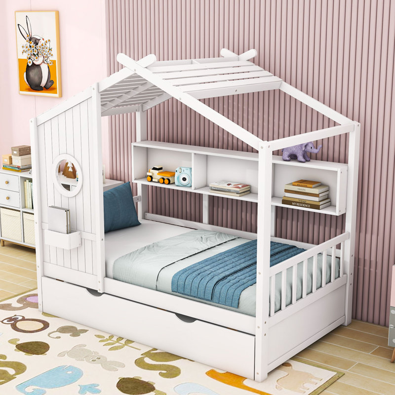 Lit plateforme en bois avec lit gigogne et tablettes de rangement, forme maison, Simple, Blanc
