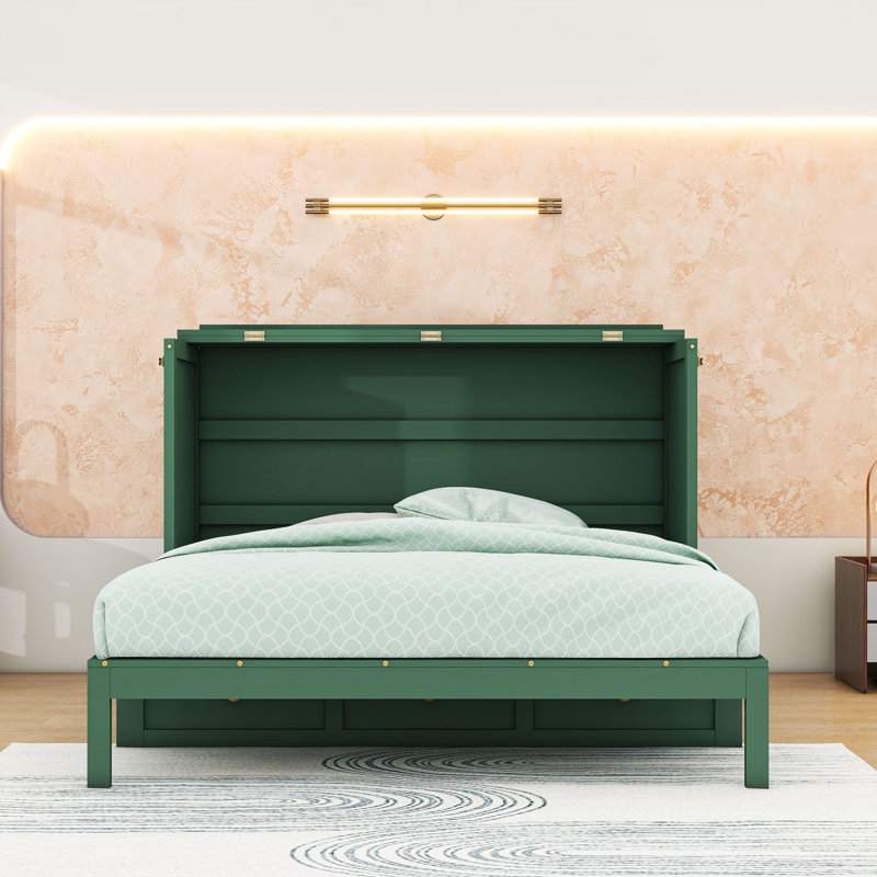  Conayr Wood  Murphy Bed with Large Drawers, Queen, Green