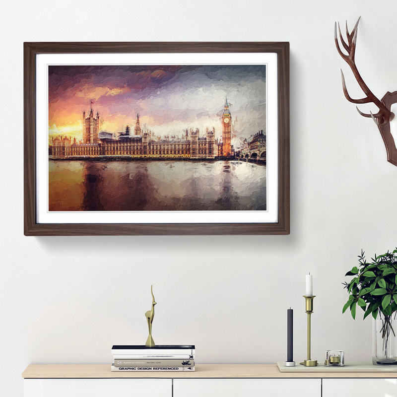 Big Ben And Houses Of Parliament In Abstract - Single Picture Frame Painting, 24cm H x 33cm W x 2cm D, Walnut Framed
