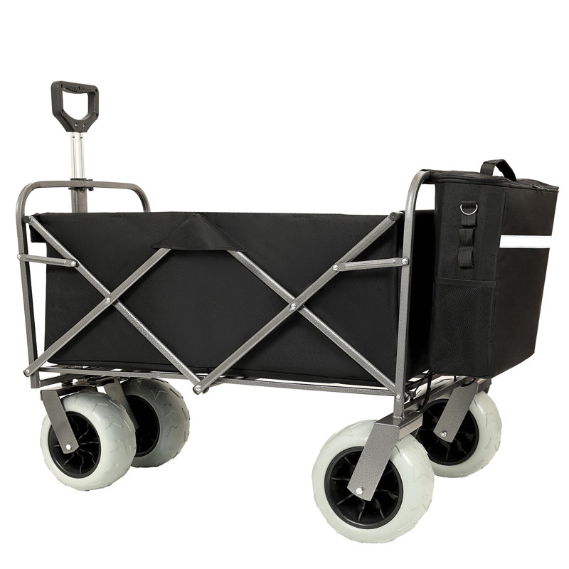 Chariot de plage avec de grandes roues pour le sable Capacité de 500 lb - Chariot tout terrain à structure en acier avec pneus pneumatiques de 9 po, conception pliable pliable, sangle avec sac multiusage, noir
