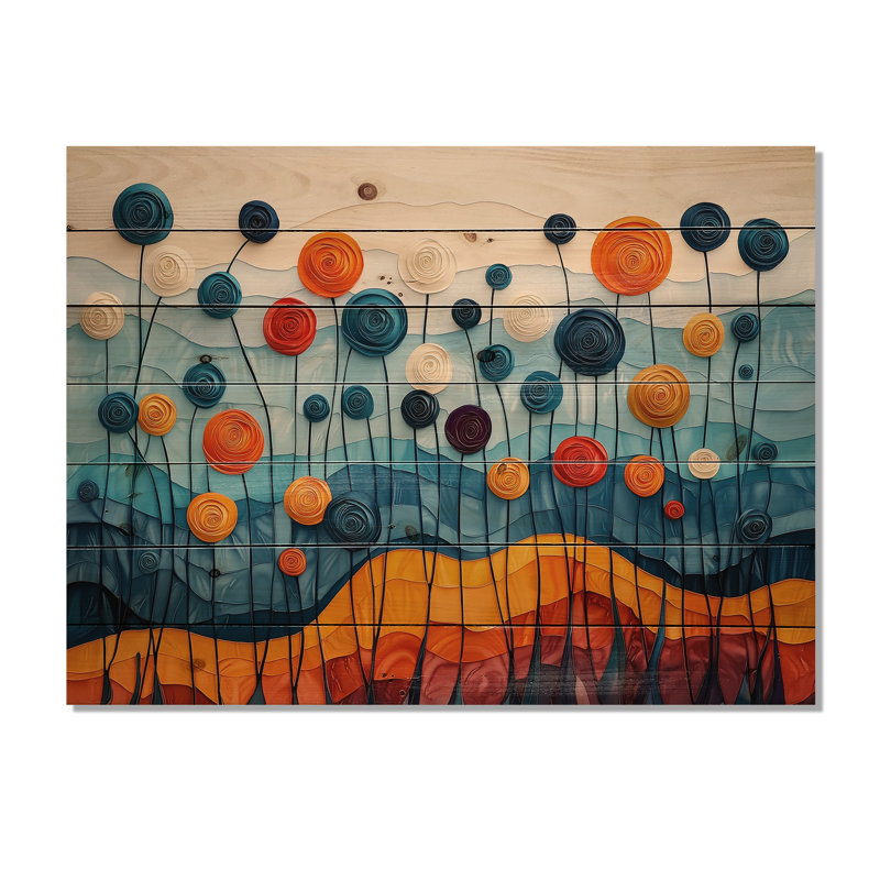 Fantasy Field Of Ranunculus Flowers III - Ranunculus Wood Wall Art - On Natural Pine Wood, 34" H x 44" W x 0.78" D