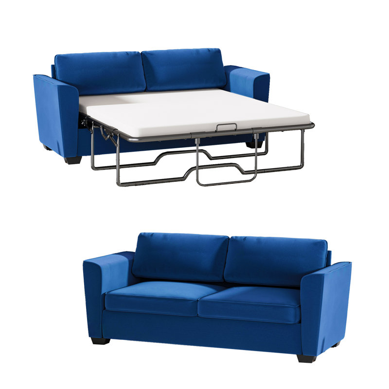 Queen Size Velvet Pull-Out Sofa Bed with 2.8" Mattress, Blue