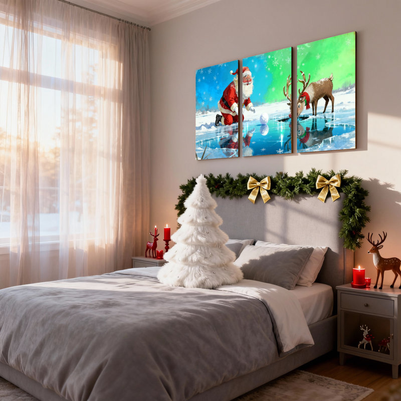 Ensemble de 3 impressions sur toile de Noël, père Noël jouant avec des rennes sur la glace, H 24 po x l 48 po