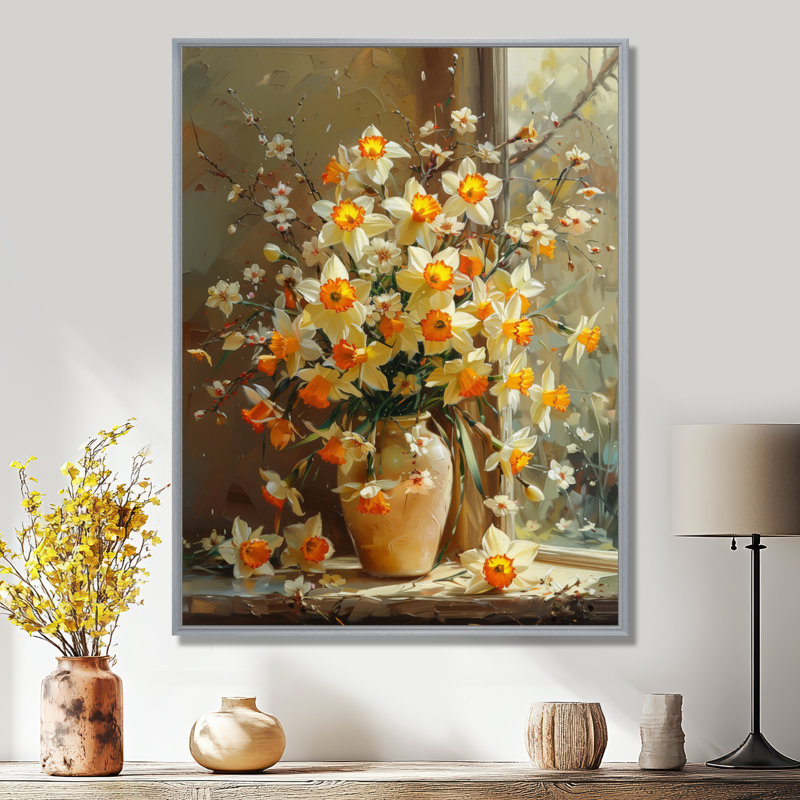 Jaune et blanc, charme féminin, jonquilles - décoration murale jonquilles, Encadrement argenté, H 12 po x l 20 po