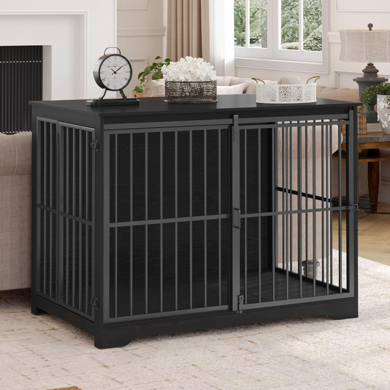 XL Large Dog Crate Furniture, Indoor Dog Kennel Furniture with Barn Door, Wooden Tall Dog Crate, Heavy Duty Dog Cage for Large Dogs, Side End Table, Anti-Chew