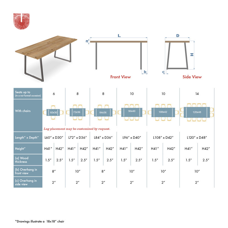 Table de salle à manger Doron, Châtaignier, H 42 po x l 108 po x L 42 po