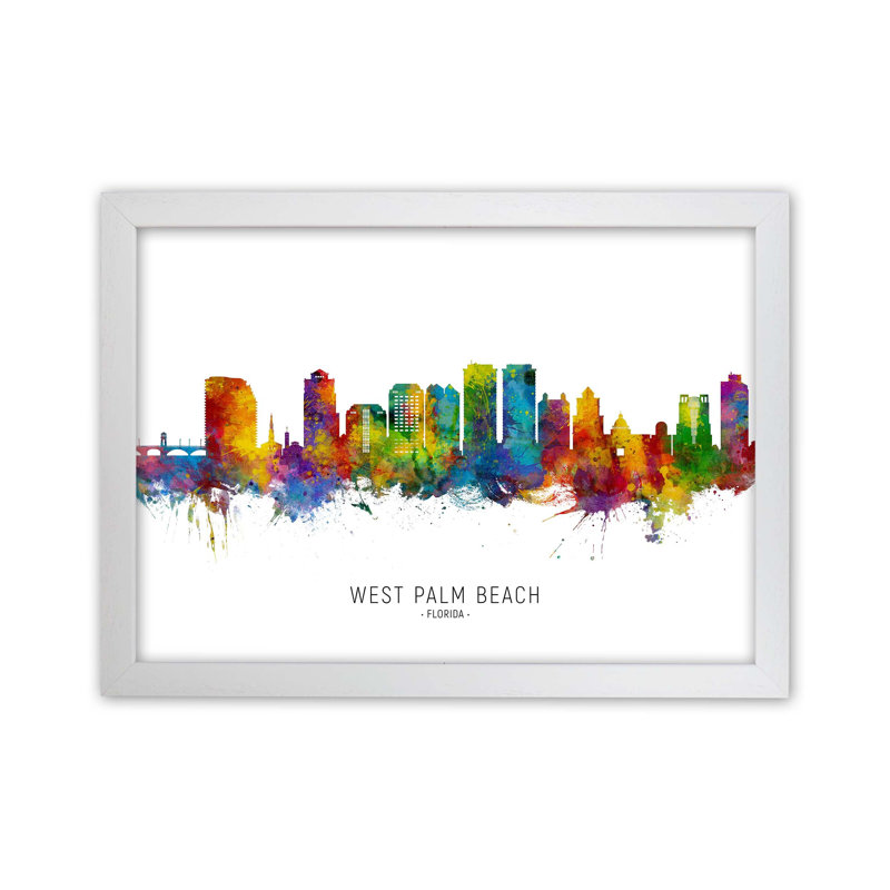 West Palm Beach Florida Skyline by Michael Tompsett - Print, 25cm H x 34cm W x 3cm D, White Framed