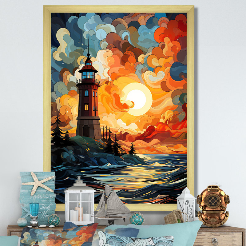 «Coastal Stormy Sunset Lighthouse Breeze II» - art mural phares, Cadre flottant noir, H 20 po x l 12 po x P 1 po