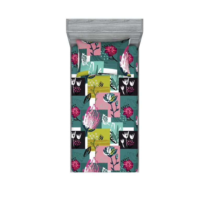 Drap-housse et taie décorative carrés Ambesonne, motif de fleurs jaune vert et rose pastel