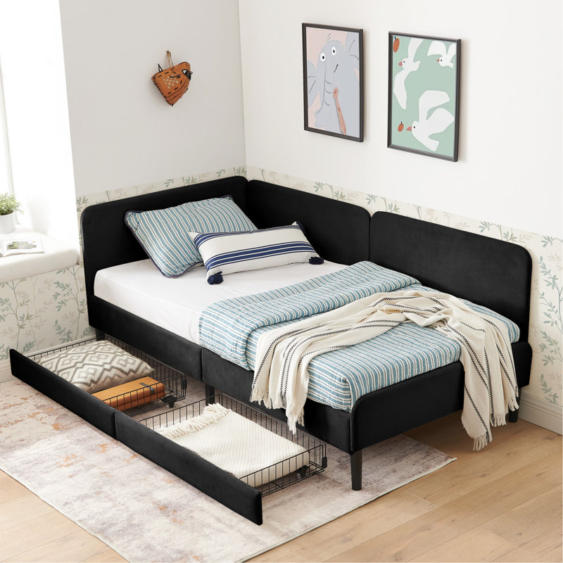 Lit plateforme double noir, 2 tiroirs de rangement, style moderne capitonné, cadre de lit ajustable en velours pour chambre à coucher, usage prolongé, capacité de charge de 136 kg