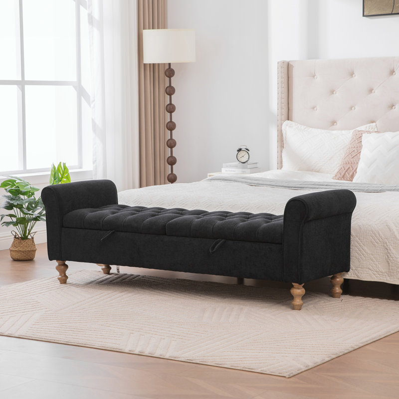 Large banc de rangement rembourré moderne, Noir, Black