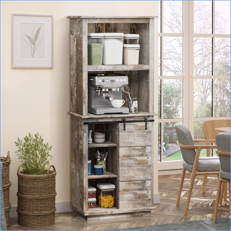 Buffet de cuisine avec huche, armoire de rangement rustique avec porte de grange coulissante | Panneau de fibres à densité moyenne | L 26 po x P 13,5 po x H 64,5 po