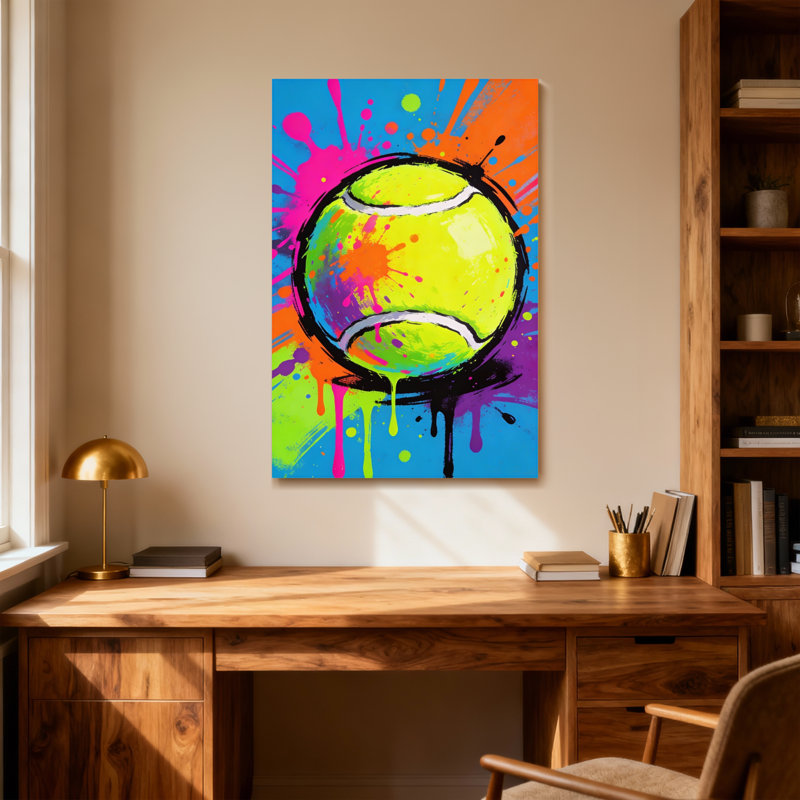 Balle de tennis abstraite et colorée avec éclaboussures de peinture, H 24 po x l 16 po