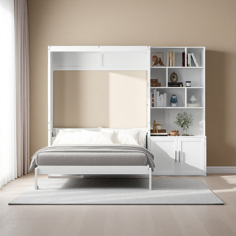 Lit escamotable double avec plusieurs tablettes de rangement et une armoire