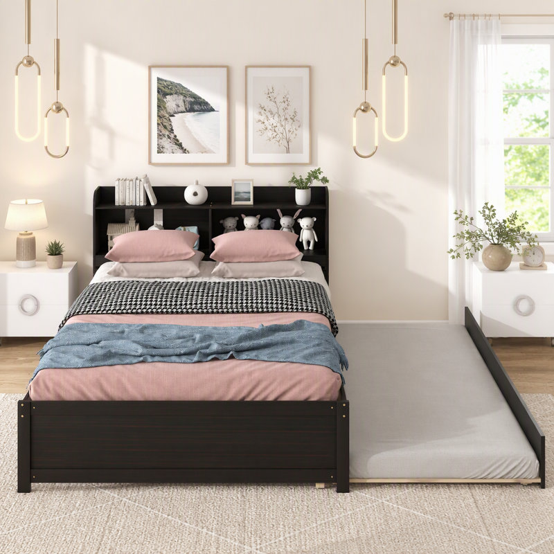 Full Size Bed with Trundle and Bookcase Headboard