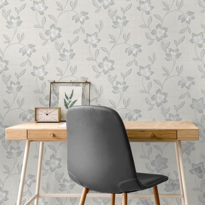 Larson Charcoal Floral Wallpaper, Silver