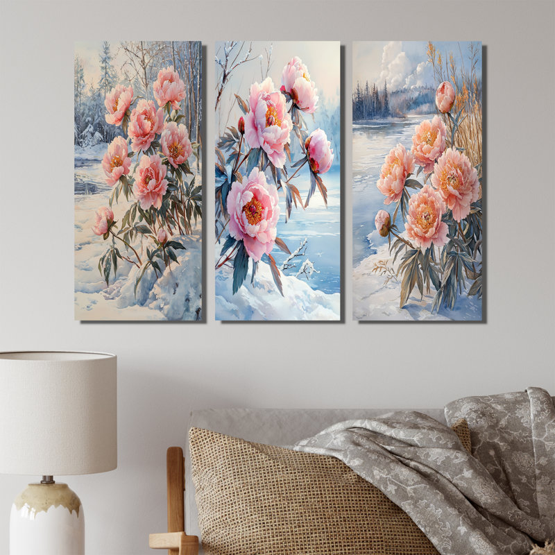 Pivoines près du lac gelé I - Collection d'art mural traditionnel 3 pièces, Toile tendue, Ne s'applique pas