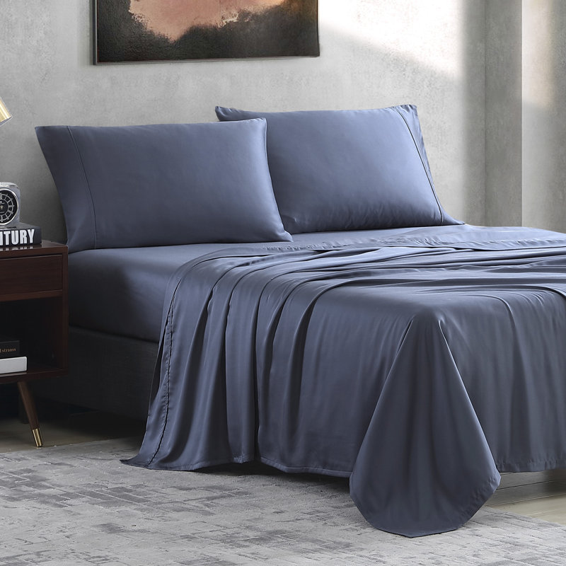 Sateen Sheet Set, Full Sheet Set + Fitted Sheet + 2 Pillowcases, Navy