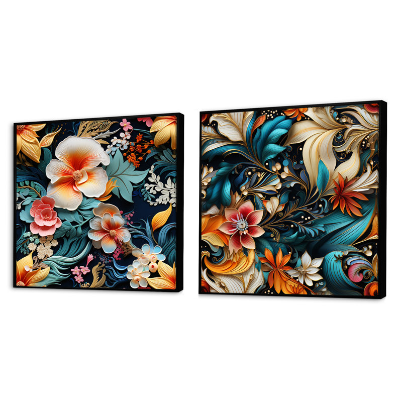 Farrel - Ensemble de 2 collages floraux et botaniques carrés, Cadre flottant noir, H 16 po x l 33 po