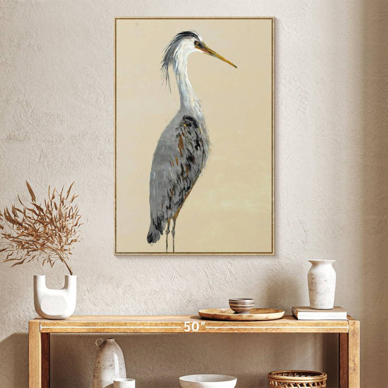 Heron On Tan I, Floating Frame Natural Wood, 27" x 40"