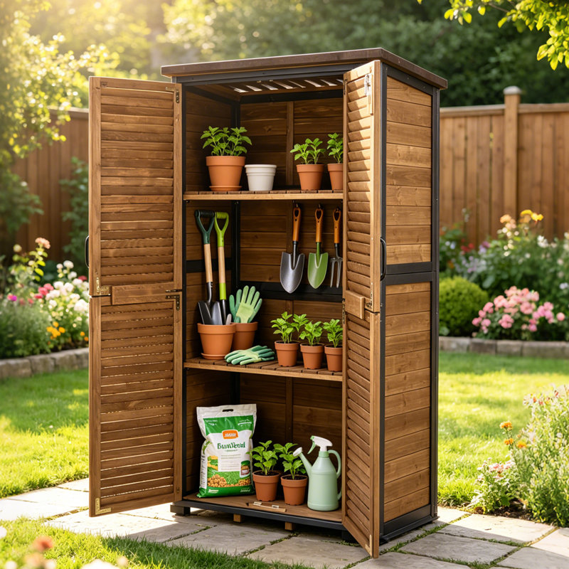 Outdoor Storage Cabinet Waterproof Metal Frame Wooden Storage Sheds Outdoor With Floor 4 Lockable Doors, 2 Adjustable Shelves, Garden Tool Shed For Patio Porch Backyard Lawn (brown/black)