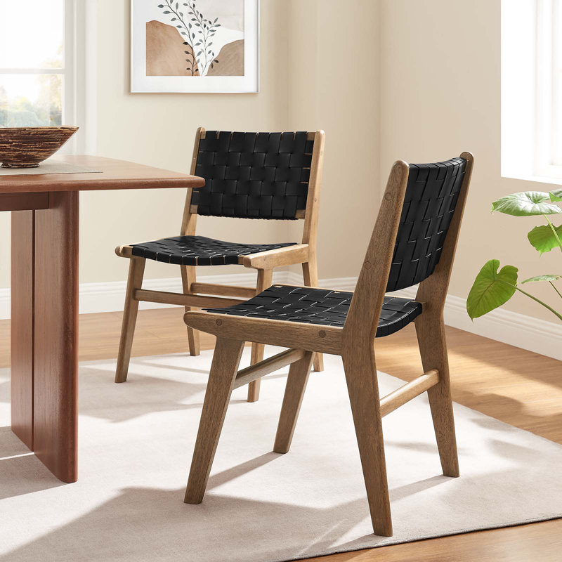 Saoirse Faux Leather Wood Dining Side Chair, Light Black, Walnut 