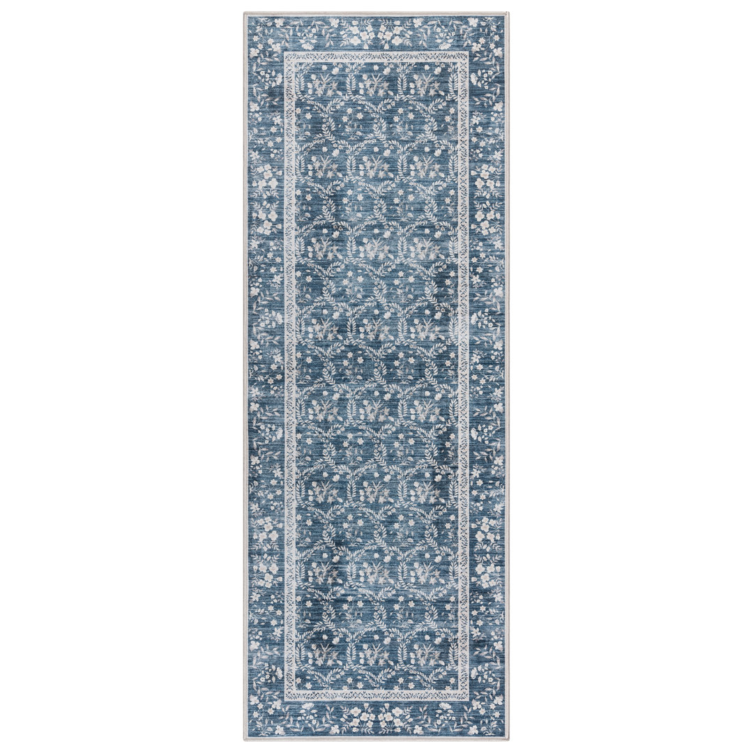 Rayna Vela Navy Blue Ivory Gray Machine Washable Transitional Leaf Floral Border Indoor Area Rug, Flat Pile for Living Room & Bedroom Bungalow Rose Rug 