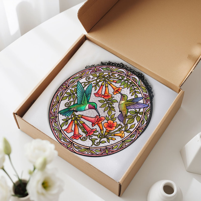 Vitrail de vitrail Hummingbird Floral - 7,8 H, 7.8"H