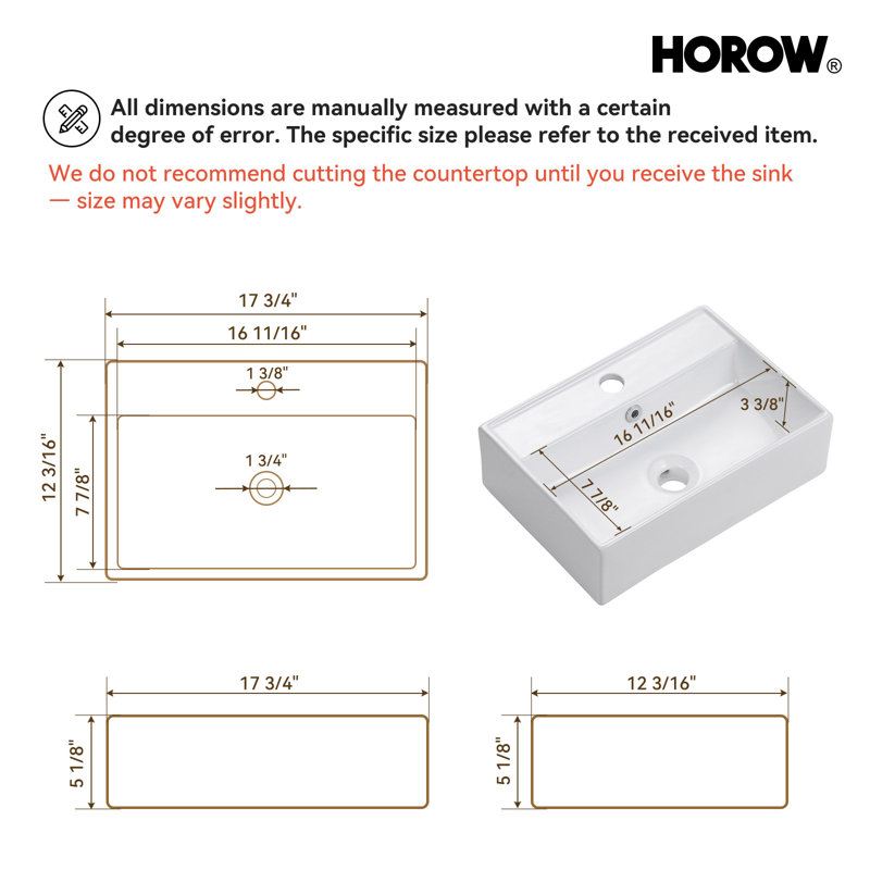 Rectangular Wall-mount Or Countertop Bathroom Sink 17.72 In. White With Single Faucet Hole