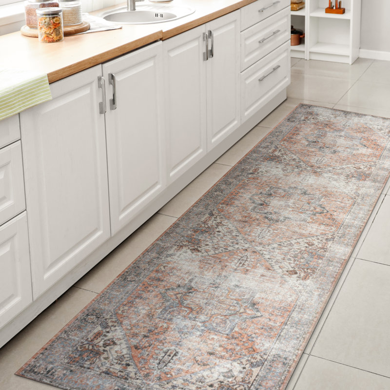 Heinfried Distressed Medallion Chenille Machine-Washable Terra/Blue Rug, Runner 2' x 8'