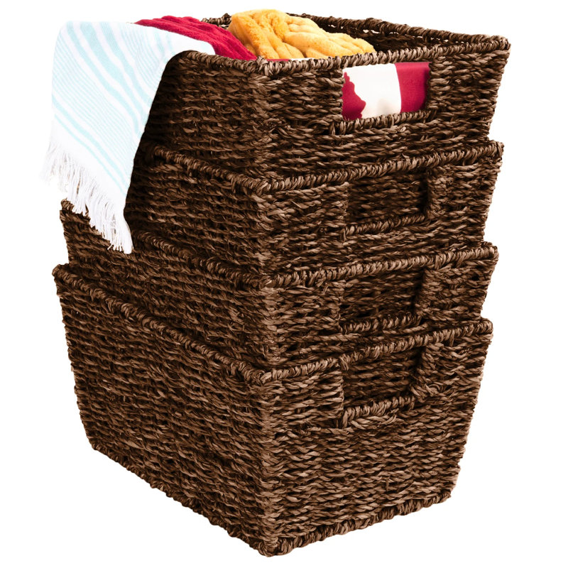 4 Multipurpose Stackable Seagrass Laundry Organizer Tote Baskets w/ Insert Handles, Brown