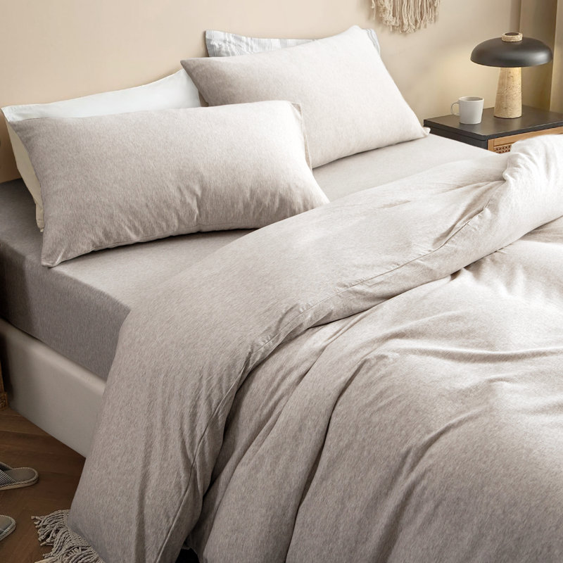 HOME BEDDING Jersey Cotton Duvet Cover Set, Beige, Full Duvet Cover + 2 Standard Shams