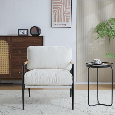 27.56" Modern Accent Chair with Plush Cushions, Minimalist Metal Frame, and Wooden Armrest Design – Perfect for Cozy Living Room, Bedroom, or Office Seating