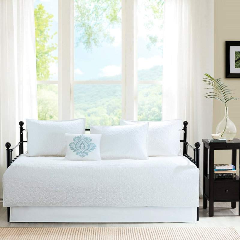 Housse de lit de jour réversible, blanche, 6 pièces, compatible avec matelas simple, rembourrage en coton, housse, 3 taies d'oreiller, coussin décoratif, literie lavable à la machine incluse