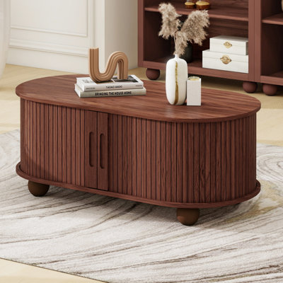 39.98 "oval Coffee Table With Storage And 360° Sliding Tambour Doors