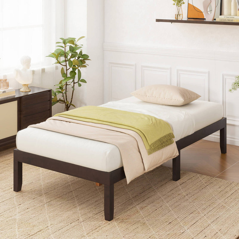Wooden Platform Bed Frame 14" With Rubber Wood Legs Under-bed Storage, Twin, Espresso