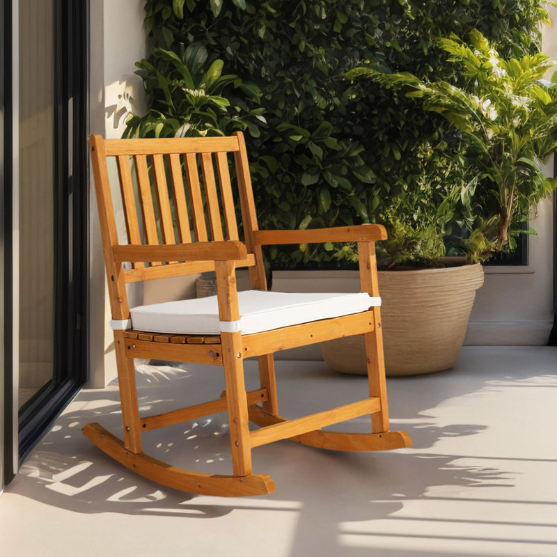 Solid Fir Wood Rocking Chair With Square Back And Cushioned Seat, White Cushion/Brown Wood Panel