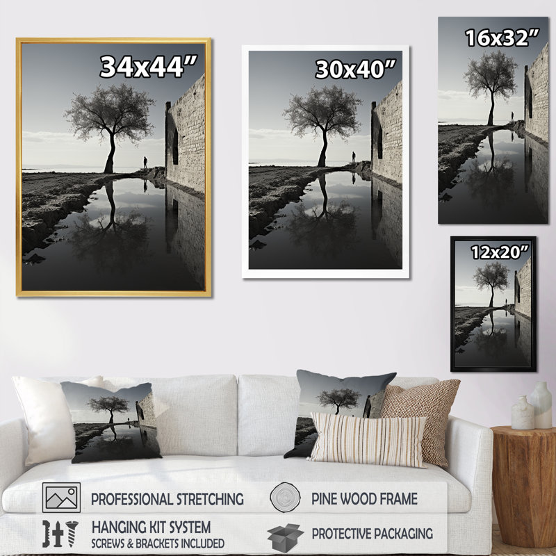 «Tree Near House Mimalisme Scenery - Buildings», reproduction d'art sur toile_106431, Cadre flottant blanc
