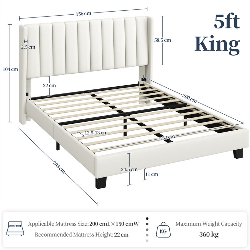 Upholstered Bed Frame with Channel Tufted Headboard, Beige, Kingsize (5')