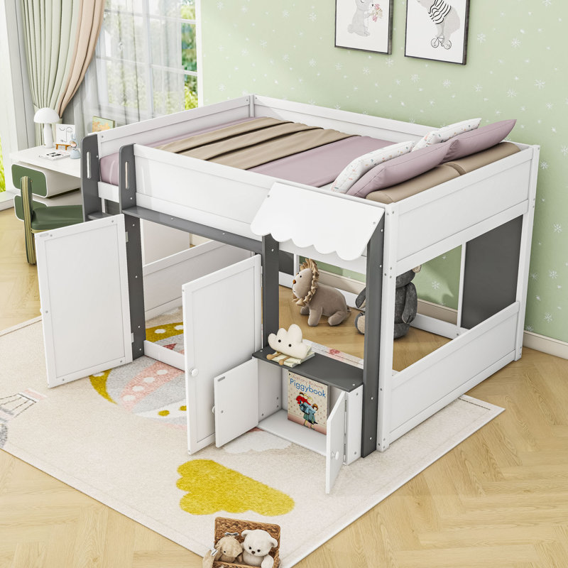 Full Size Loft House Bed with Ladder and Cabinet, White/Gray