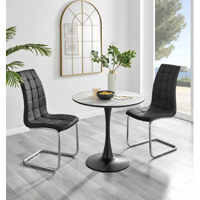 Elina White Marble Effect Melamine Round 80cm Dining Table and 2 Faux Leather Dining Chairs