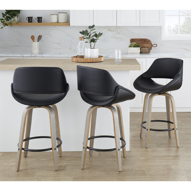 Najrin Faux Leather Upholstered Bar & Counter Stool with Round Footrest, Black, Light Gray/Black