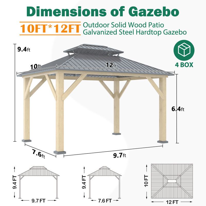 12' W x 10' D Outdoor Solid Wood Gazebo - Patio Galvanized Steel Hardtop Gazebo