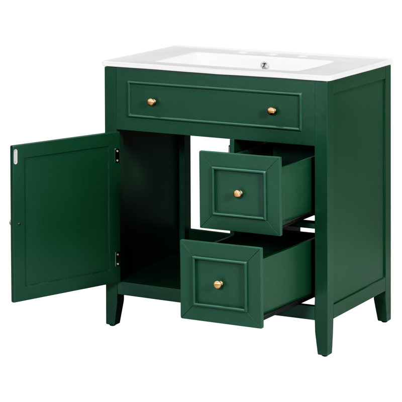 Meuble-lavabo 30 po avec lavabo en céramique avec tiroir, porte et armoire de rangement, Vert, Or