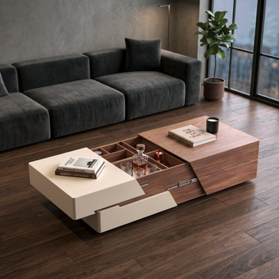 Table basse coulissante extensible Sankey en bois avec 2 tiroirs et 4 rangements dissimulés pour salon, entièrement assemblée.