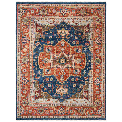 Tapis oriental rectangulaire en laine noué à la main bleu marine / rouille Viraj