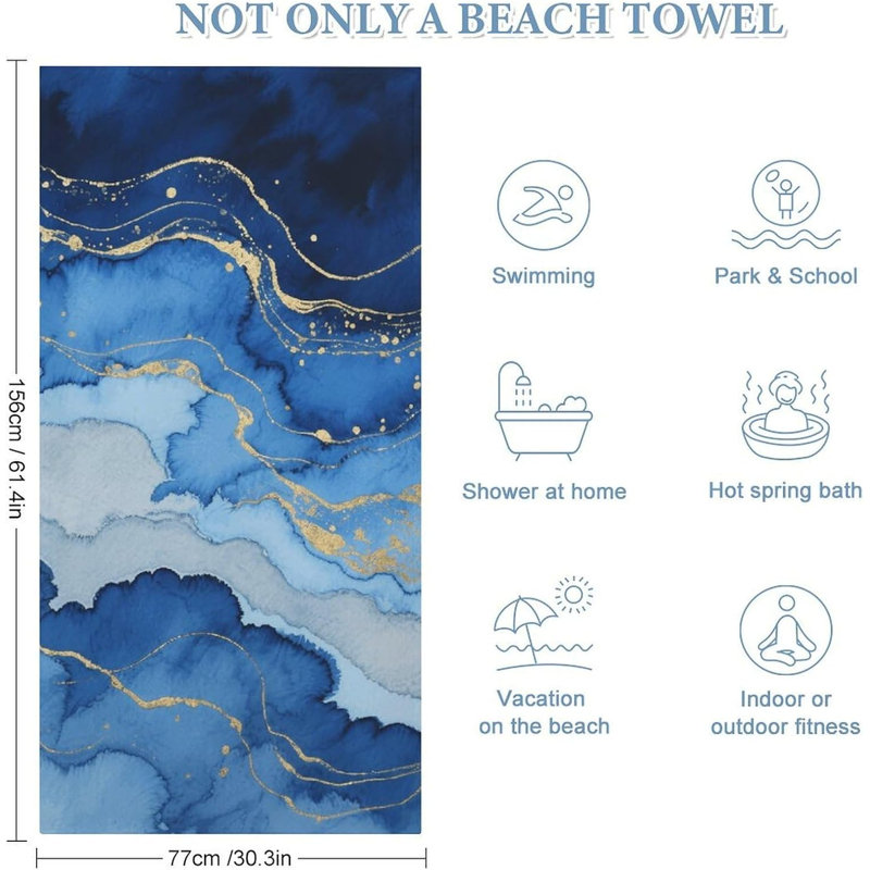 Serviette de plage en microfibre à séchage rapide en marbre bleu, 50 x 60 po