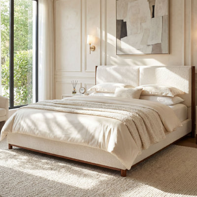 Structure de lit tapissier pour grand lit, garniture en bois de noyer avec tissu blanc, fabrication en contreplaqué et en bois d'hévéa, capacité de poids de 600 lb, convient aux matelas de 8 à 10 po, aucun sommier requis