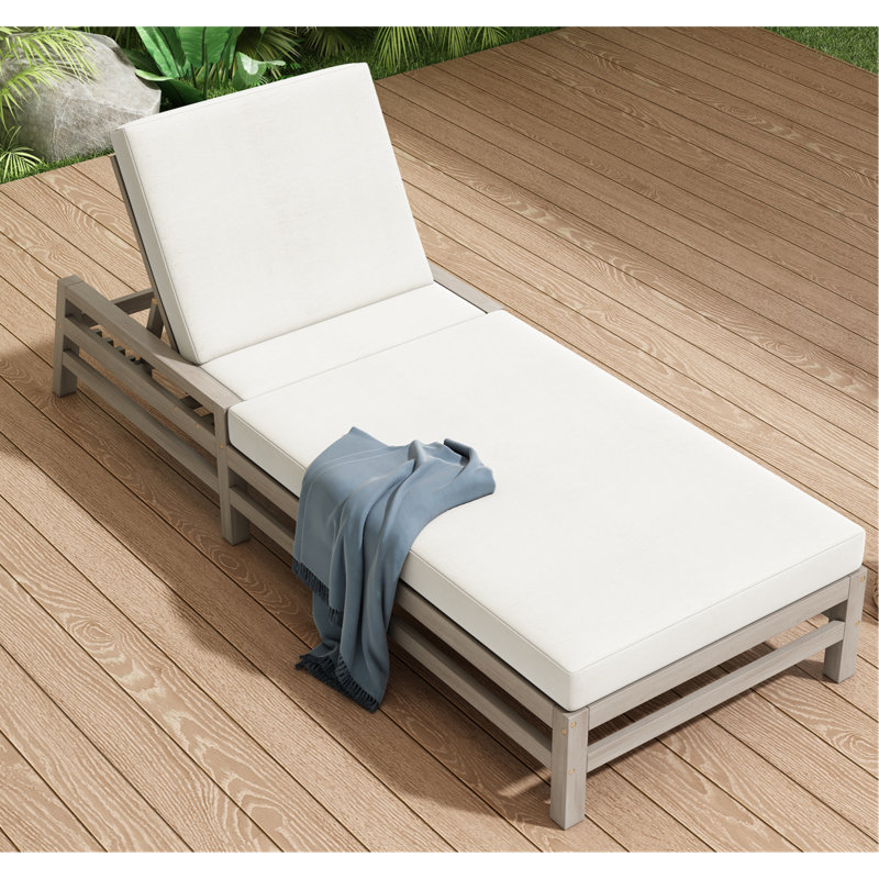 Adjustable Outdoor Chaise Lounge, Solid Wood Patio Recliner Chair With Thick Cushions, 1