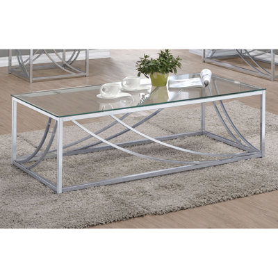 Table basse contemporaine en verre et rectangulaire avec supports en métal - 17 pouces de hauteur, 46,13 de largeur, 23,5 de profondeur, attrait luxueux, pieds à structure stable pour l'espace de vie principal: haut, large, moderne
